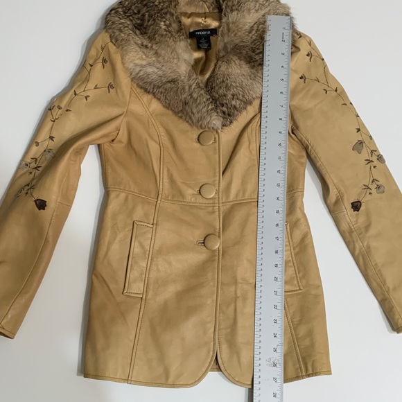 Vintage Arden B | Y2K Penny Lane Tan Leather Coat Fur Collar Embroidered | Sz S - Picture 9 of 13